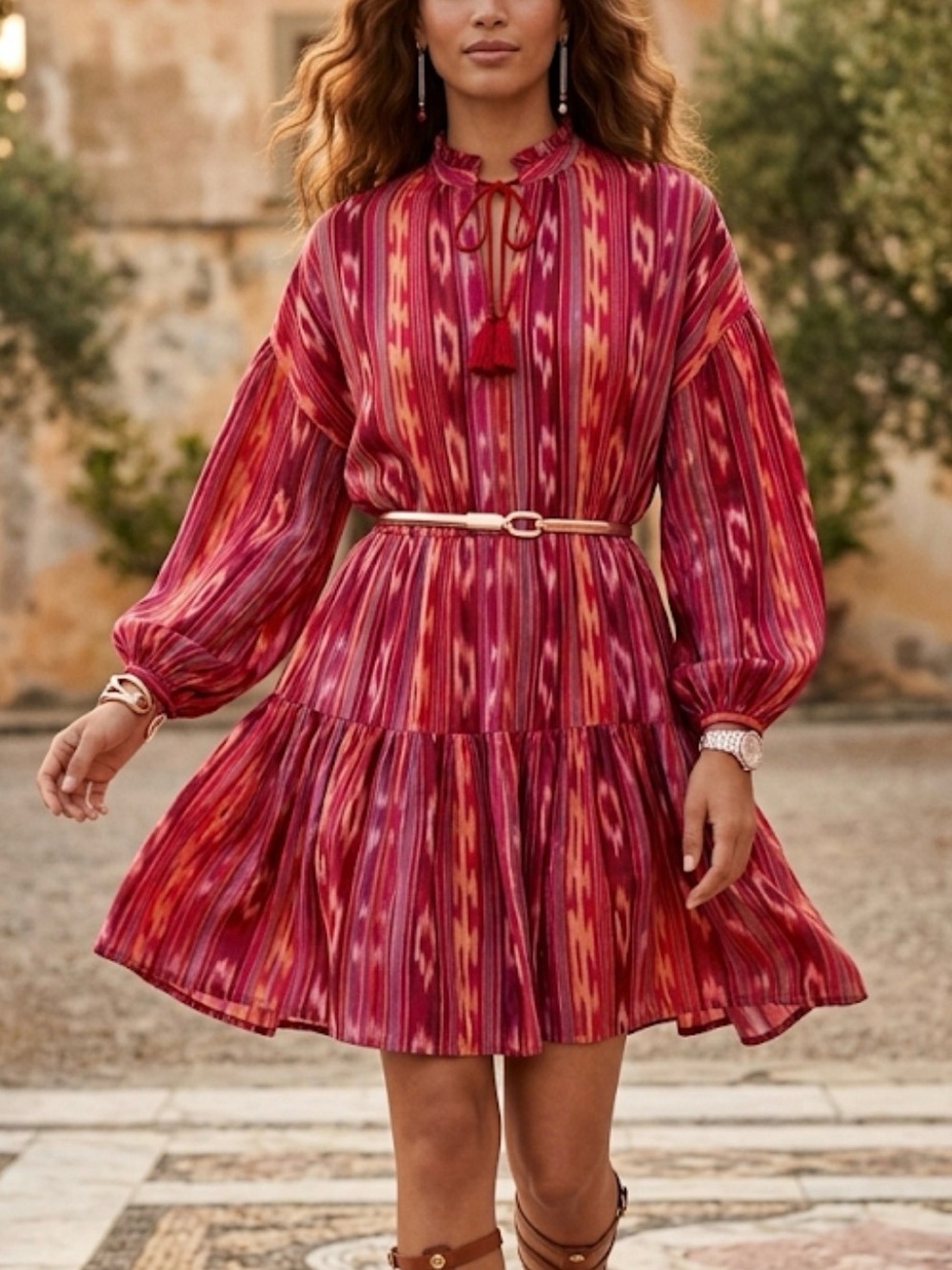 Lauren Ralph Lauren Red‎ Ikat Print Tiered Tie-Neck Mini Dress Sz 14 Long Sleeve